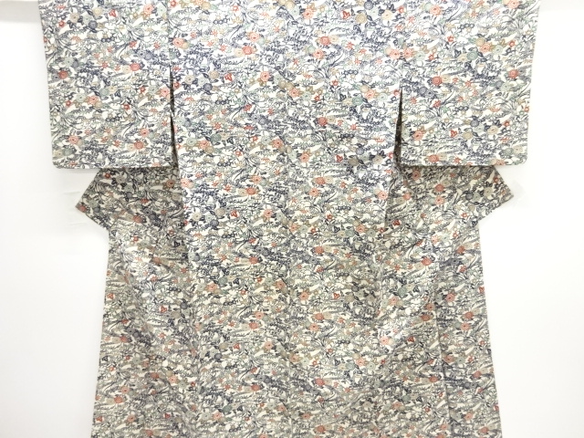 JAPANESE KIMONO / ANTIQUE HITOE KIMONO / TAISHO ROMAN STYLE / SILK / JODAI TSUMUGI / KATAZOME / STREAM & FLORAL PLANTS